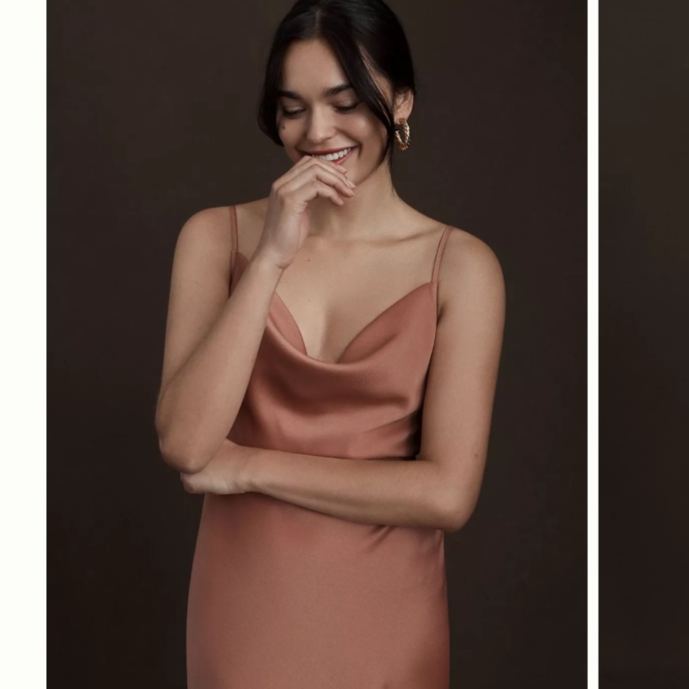BHLDN Cali Satin Cowl Neck Midi Slip Dress. In “Sedona” color.